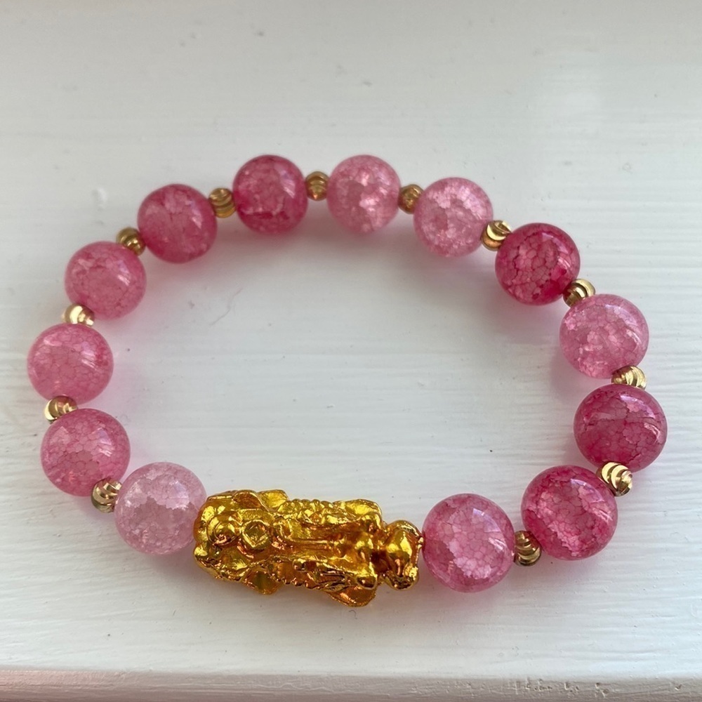 Pink Glass Beads Wealth Bracelet with Pixiu Pendent